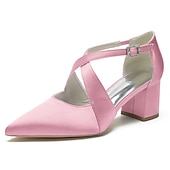 cheap Semi-Formal-Elegant Women&#039;s White Satin Pointed Toe Block Heels – Crisscross Strap Design for Weddings, Formal Parties, and Special Occasions