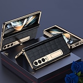 cheap Samsung Cases-Leather Phone Case for Samsung Galaxy Z Fold 5 4 3 Fold4 Fold5 Gold Plating Magnetic Hinge Stand Back Cover with Mirror Film