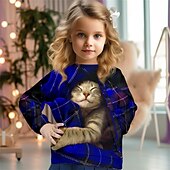 cheap Girl&#039;s 3D Animals-Girls&#039; 3D Plaid Cat Christmas Sweatshirt Sweatshirt Pullover Long Sleeve 3D Print Fall Winter Fashion Streetwear Adorable Kids 3-12 Years 4-13 Years Crew Neck Outdoor Casual Daily Regular Fit