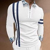 cheap Vacation-Men&#039;s Polo Shirt Golf Shirt Outdoor Work Standing Collar Long Sleeve Sports Fashion Plaid / Check Patchwork Braided All Seasons Slim White Blue Polo Shirt