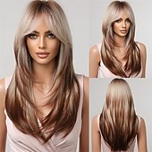 economico Parrucche trendy sintetiche-evidenzia parrucca bionda marrone con frangia parrucche diritte naturali di media lunghezza per donne parrucche sintetiche in fibra resistente al calore per cosplay quotidiano