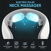 お買い得  ボディマッサージ機-4ヘッドスマート電気パルスネックマッサージャー、ヒートコードレス &amp; ポータブル頸椎リラックス痛み混練マッサージ機 10 モード 16 レベル十 &amp; デュアルモーター振動