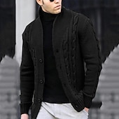 cheap Men&#039;s Cardigan Sweater-Men&#039;s Cardigan Sweater Cropped Sweater Cable Knit Regular Button Up Plain Lapel Vintage Warm Ups Casual Daily Wear Clothing Apparel Fall Winter Black White S M L