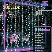 abordables Guirlandes solaires-Guirlande lumineuse de rideau solaire extérieur, 3 * 3 m-300 LED/3 * 2 m-200 LED/3 * 1 m-100 LED, 8 modes d&#039;éclairage, étanche IP65, convient pour le jardin, le porche, les fêtes de mariage dans le jardin, Noël de Thanksgiving.