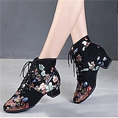 abordables Chaussures de danses latines-chaussures de danse à lacets à fleurs noires pour femmes – talon bas confortable, parfait pour la danse latine, de salon et sociale