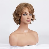 abordables peluca vieja-Pelucas cortas y rizadas de color marrón claro para anciana, peluca rizada en capas con flequillo, peluca marrón ondulada con raíces oscuras, pelo sintético natural para fiesta diaria, cosplay custume