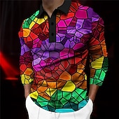 cheap Men&#039;s Geometric Polo-Men&#039;s Graphic Polo Shirts Golf Shirt Long Sleeve Polo Shirts Collared Shirts Casual Vacation Wear Rave Wear Party Outfits Buttons 3D Print Fall &amp; Winter Purple Green