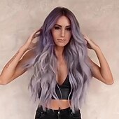 economico Parrucche trendy sintetiche-parrucca sintetica lunga e diritta - parrucca di capelli ricci viola ondulati verdi con capelli ricci rosso vino e rosa-viola - parrucchino elegante e versatile per le donne