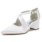 cheap Semi-Formal-Elegant Women&#039;s White Satin Pointed Toe Block Heels – Crisscross Strap Design for Weddings, Formal Parties, and Special Occasions