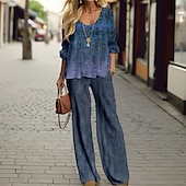 voordelige Tweedelige sets-Dames 2 Stukken Mode Shirt Broek Sets Brede Pijpen Broeken Lange Mouwen Ronde Hals Grafische Print Casual Dagelijks Rood Blauw Lente  Fall Reguliere Pasvorm