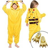 preiswerte Onesie-Kostüme-Set mit Flanell-Einteiler, Kigurumi-Pyjama, Krallenhausschuhen, 2-teiliges Set, Nachtwäsche, Tarnung, niedliches Pika-Pika-Cartoon-Tier, gemütliche Unisex-Hauskleidung für Kinder, Unisex