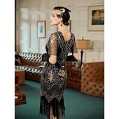cheap Outfits-Retro Vintage Roaring 20s 1920s Flapper Dress Outfits Accessories Set The Great Gatsby Wedding Guest Sequins Tassel Fringe Sequin Tassel V Neck Women&#039;s Halloween Carnival Masquerade Carnival Party