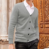 billiga cardigan tröja för män-Herr Tröja Cardigan Tröja Ribbad Sticka Stickat Slät V-hals Mode Ledigt Sport Dagliga kläder Kläder Vår &amp; Höst Vinrött Svart M L XL