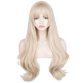 economico Parrucche trendy sintetiche-parrucca lunga bionda ondulata per donne con frangia parrucca cosplay riccia ondulata grande anni &#039;70 e &#039;60 per la festa di Halloween