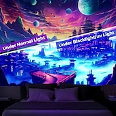 رخيصةأون Tapestries Blacklight-نسيج أسود يتفاعل مع الأشعة فوق البنفسجية ويتوهج في الظلام للحفلات المضيئة النيونية الضبابية المصرية المعمارية معلقة على الحائط لتزيين غرفة المعيشة وغرفة النوم