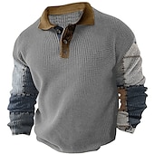 billige Color Block Polo for menn-Herre Ruter Golf skjorte Langermet Poloskjorter Skjorter med krage Årgang Fritid Ferieklær Formell klær Festivalklær Knapper 3D-utskrift Høst vinter Mørk Marineblå Blå Brun
