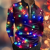 Christmas Men's Lanterns Zip Polo Golf Polos Shirts Long Sleeve Polo Shirts Turndown Zip Casual Outdoor Casual Daily Streetwear 3D Print Fall & Winter Black Blue4