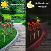 tanie Oświetlenie krajobrazowe-ogrodowe lampy solarne z różami, walentynkowe realistyczne kwiaty róży LED, dekoracje cmentarne, lampy palikowe do ogrodu, na dziedziniec, podwórko i grób, dekoracyjne, wodoodporne (czerwone, z 3 świecącymi główkami kwiatów)