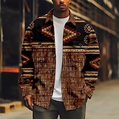 cheap Men&#039;s Shirt Jacket-Men&#039;s Bohemian Argyle Bandana Print Shirt Shirt Jacket Long Sleeve Vintage Outdoor Vacation Casual Daily Fall &amp; Winter Lapel Buttons Pocket Print Red Brown Green Coffee