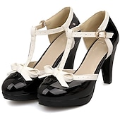 お買い得  プラットフォームパンプス-女性用ブラックパテントレザーTストラップハイヒール、ホワイトトリムと蝶結びの装飾付き - 特別な機会にぴったりのクラシックなレトロスタイル