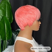 abordables Perruques de qualité supérieure-Perruques courtes de lutin de cheveux humains coupe de lutin perruques ondulées roses courtes perruques de cheveux synthétiques courtes en couches pour les femmes