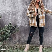 cheap Sherpa Jackets-Women&#039;s Shirt Blouse Fashion Plaid Buttons Pocket Print Long Sleeve Regular Tops Shirt Collar Casual Black Red Green Khaki Spring &amp;  Fall