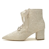 cheap Casual-Women&#039;s White Lace-Up Bridal Booties – Floral Embroidered Satin Heels with Satin Ribbon and Rhinestone Detail for Weddings, Bridal Showers &amp; Formal Occasions