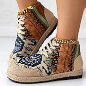 baratos Botas de tornozelo-tênis feminino boêmio com cadarço – calçados casuais de lona com estampa étnica e sola trançada, calçados leves e confortáveis para caminhada, uso diário e viagens
