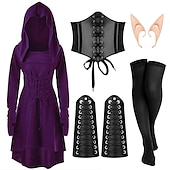 baratos Conjuntos-Retro Vintage Punk e gótico Medieval Vestidos Corpete Roupa Viking Ranger Elfo Tiro com arco Mulheres Viking Fantasia Dia Das Bruxas Carnaval Festa Casual / Diário LARP Adulto Vestido Cinto Meias
