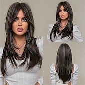 economico Parrucche trendy sintetiche-Parrucche lunghe diritte marrone scuro da 20 pollici con frangia per le donne parrucche sintetiche resistenti al calore senza pizzo per l&#039;uso quotidiano in cosplay