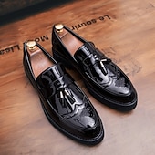 preiswerte Herrenpantoletten &amp; -slipper-Herren-Loafer aus schwarz-goldenem Lackleder mit Quastendetails und robuster Sohle für formelle und legere Anlässe