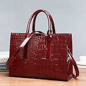 cheap Handbag &amp; Totes-Women&#039;s Black Patent Leather Crocodile Pattern Handbag with Shoulder Strap - Elegant Office Tote Bag for Formal Occasions