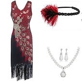 baratos Conjuntos-Retro Vintage Loucos anos 20 Anos 20 Vestido melindroso Roupa Conjunto de acessórios O Grande Gatsby Convidado do casamento Paetês Franjas Lantejoula Franjas Decote V Mulheres Dia Das Bruxas Carnaval
