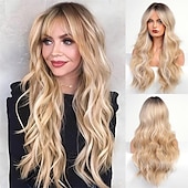 voordelige Synthetische trendy pruiken-zwarte pruik met pony voor vrouwen lang golvend haar pruik zwarte pruik krullend golvend synthetische pruiken voor meisjes dagelijks feestgebruik
