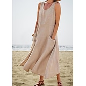 abordables Vestidos para el trabajo-vestido casual de mujer vestido de algodón vestido de cambio vestido midi azul rosa caqui sin mangas color puro bolsillo primavera verano cuello redondo básico diario vacaciones fin de semana ajuste suelto 2023 s m l xl xxl