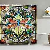 お買い得  シャワーカーテン-フック付きシャワーカーテン 180cm*180cm(70&quot;*70&quot;) ポリエステル 洗える防水ステンドグラストンボパターン バスルームデコ