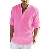 preiswerte Klassiker-Herren Hemd leinenhemd Hemd mit Stehkragen Popover-Shirt Sommerhemd Strandbekleidung Feste Farbe Hawaiianisch Festtage Schwarz Weiß Gelb Rosa Langarm Henley Sommer Frühling Bekleidung Button-Down