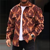 cheap Men&#039;s Shirt Jacket-Men&#039;s Tribal Geometry Ethnic Shirt Shirt Jacket Overshirt Long Sleeve Vintage Casual Tribal Outdoor Street Casual Daily Fall &amp; Winter Turndown Buttons Pocket Print Blue Brown Gray