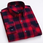 cheap Men&#039;s Non Iron Shirts-Men&#039;s Shirt Dress Shirt Plaid Office &amp; Career Wedding Party Red Navy Blue Blue Orange Long Sleeve Lapel Spring &amp;  Fall Clothing Apparel Front Pocket