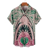 billige Ocean Print-Herre Hai Tropisk Skjorte Hawaii skjorte Aloha skjorte Kortermet Skjorte Aftæpning Fritid utendørs Gate Fritid / hverdag Rosa Rød Blå S M L