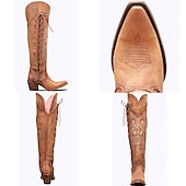 levne Cowboy &amp; Western Boots-dámské hnědé vyšívané šněrovací kovbojské boty nad kolena, westernový styl pro ležérní outfity a country akce