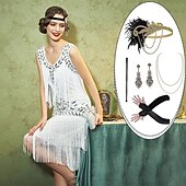 ieftine îmbrăcăminte-set cu rochie cu flapper bentiță cu pene colier cu perle artificiale mănuși lungi de operă cercei portațigară ținute pentru femei în anii 20 în anii 1920 rochie de cocktail gatsby flapper fata