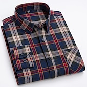 cheap Men&#039;s Non Iron Shirts-Men&#039;s Shirt Dress Shirt Plaid Office &amp; Career Wedding Party Red Navy Blue Blue Orange Long Sleeve Lapel Spring &amp;  Fall Clothing Apparel Front Pocket