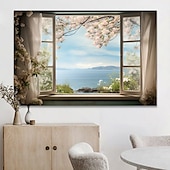 abordables Impresiones de Paisajes-Paisaje pared arte lienzo ventana falsa primavera flores de cerezo impresiones y carteles fotos tela decorativa pintura para sala de estar fotos sin marco