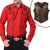 cheap Wild West-Set with West Cowboy Shirt PU Waistcoat Vest Men&#039;s 2 PCS Outfits Long Sleeve Casual Button Down Shirt Retro Vintage Party Carnival Cosplay Costume