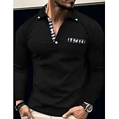 お買い得  メンズ クラシックポロ-男性用 ポロシャツ ボタンアップポロ カジュアル スポーツ ラペル 長袖 ファッション ベーシック チェック カラーブロック ボタン フロントポケット 春 &amp; 秋 レギュラー ブラック ホワイト ネイビーブルー ポロシャツ