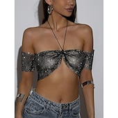 cheap Sexy Costumes-Metallic Sparkle Sexy Crop Tank Top Sheer Mesh Rhinestone Cover Up Disco Solid Color Deep V Women&#039;s Carnival Party Club Adults&#039; Tank Top