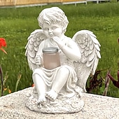 billige Landskapslys-hageengel staty, engle fe statuett med solenergi lys, hage harpiks engel figurer ornament engle dekorasjon for plen kirkegård minnegaver, skytsengel hage statuette-jente