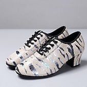 cheap Latin Shoes-Women&#039;s Glitter Dance Shoes with Animal Print, Lace-Up Design, and Comfortable Low Heels for Ballroom, Latin, or Party