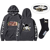 economico Magliette e felpe grafiche con cappuccio-set con roronoa zoro felpa oversize con cappuccio e bracciale in pu calzini 3 pezzi abiti one piece scimmia d. stampe grafiche anime rufy che stampano stile harajuku per uomo, donna, adulto, unisex,